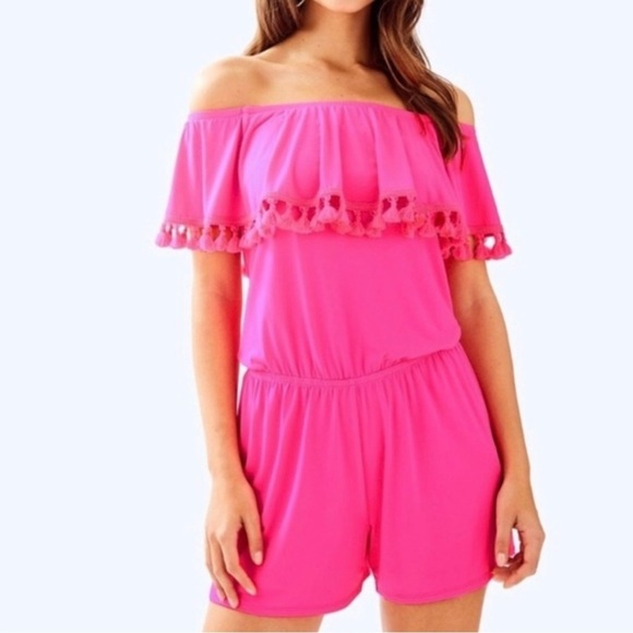 Lilly Pulitzer La Fortuna Off Shoulder Romper hot pink Tassels - Picture 3 of 15